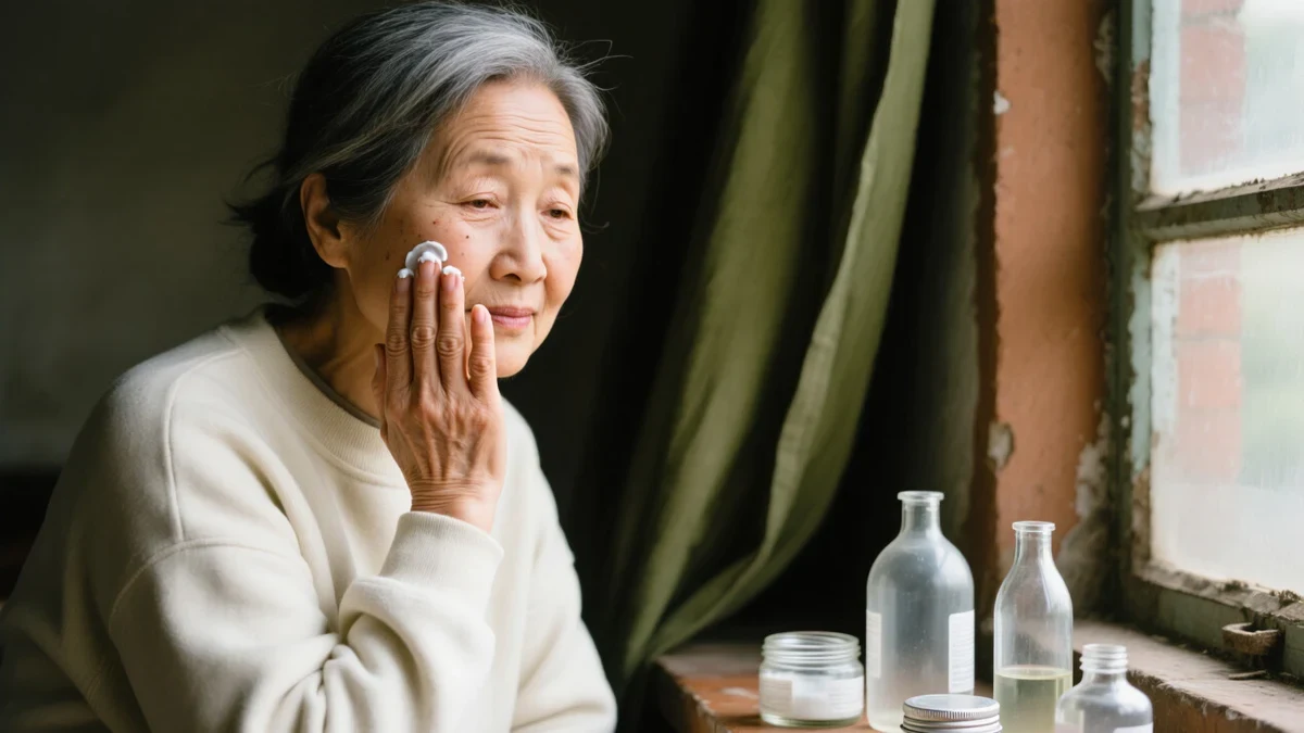 A woman in her fifties presses moisturizer into her cheek at a morning window, genuine skin texture and silver-streaked hair in cream light.