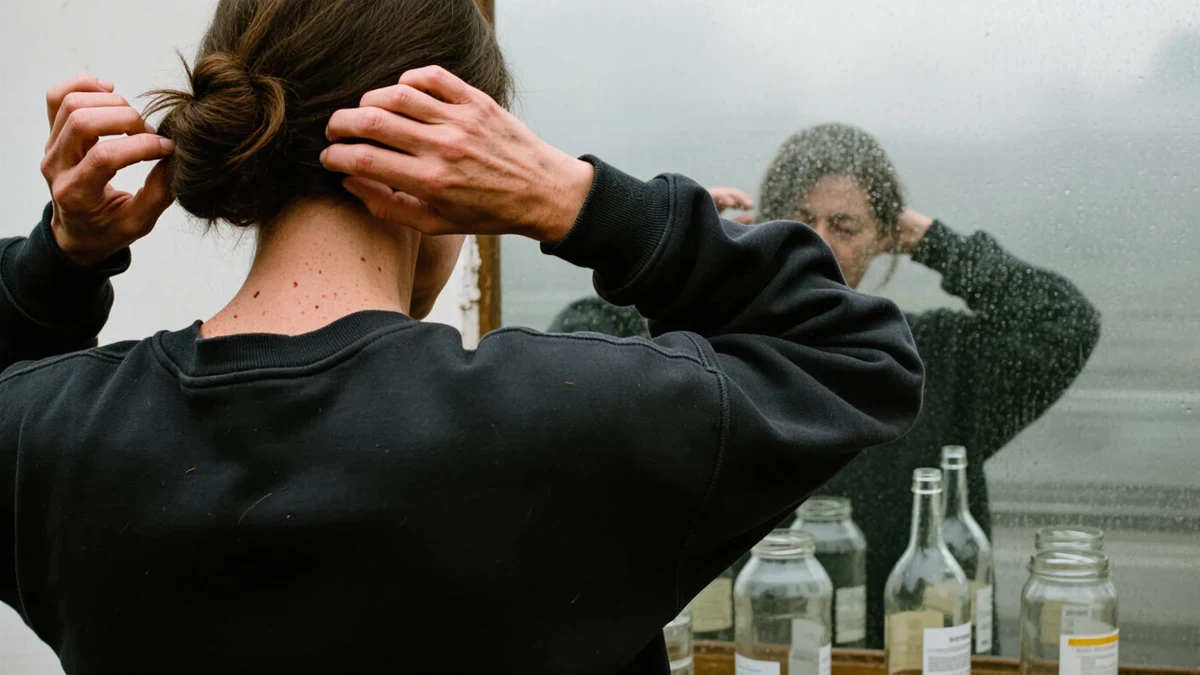 A woman by a rain-streaked autumn window gathering her loose hair into a low bun, soft grey light catching the flyaways.