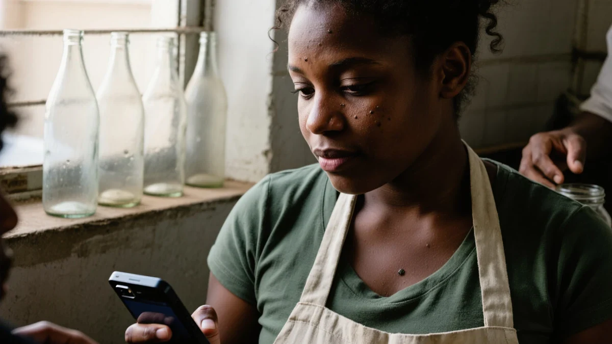 A woman in her thirties with deep brown skin checks her phone by a bright window, soft daylight tracing the natural texture of her cheeks.