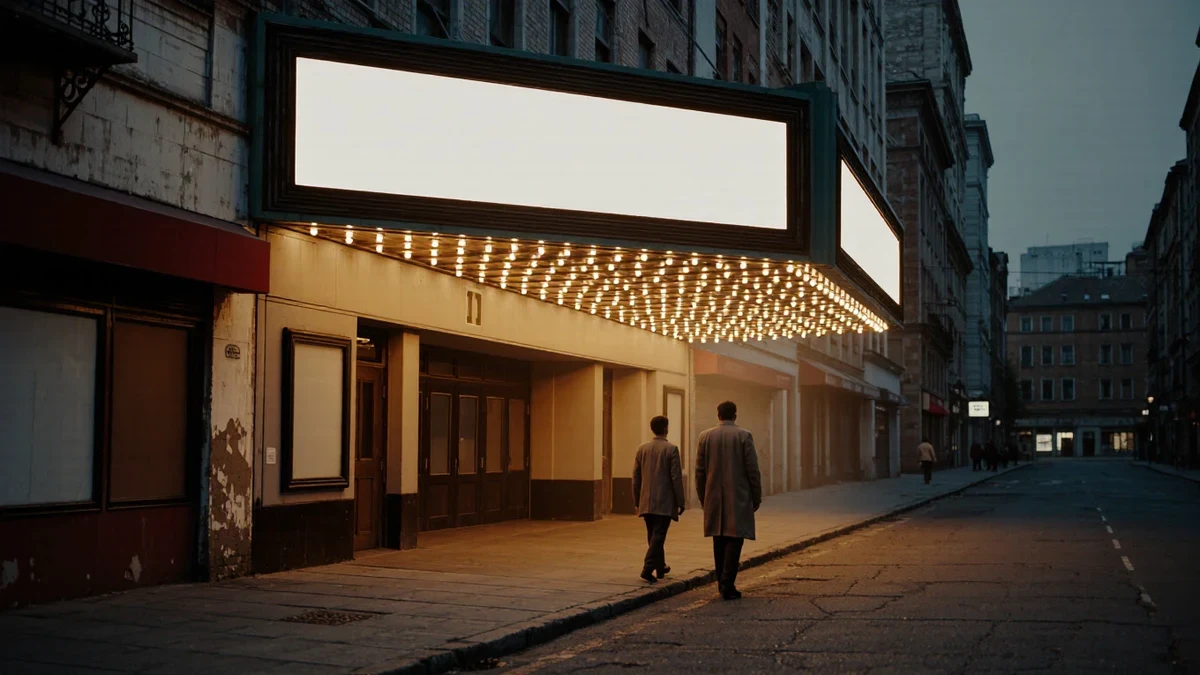 A grand old-Hollywood marquee glows over sand-dusted arrivals, flash bulbs flaring as elegant figures in desert-chic tailoring pass the velvet ropes.