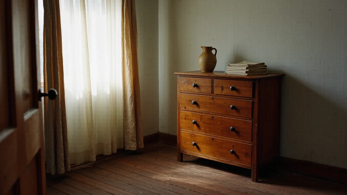Hands buffing a thin coat of wax along the grain of a dark old table, late light from sheers catching the fresh sheen beside a stack of ceramics.