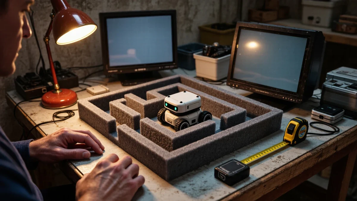Hands moving board-game tokens beside an open laptop in a warm off-white workspace, a single teal accent lamp lighting the play surface.