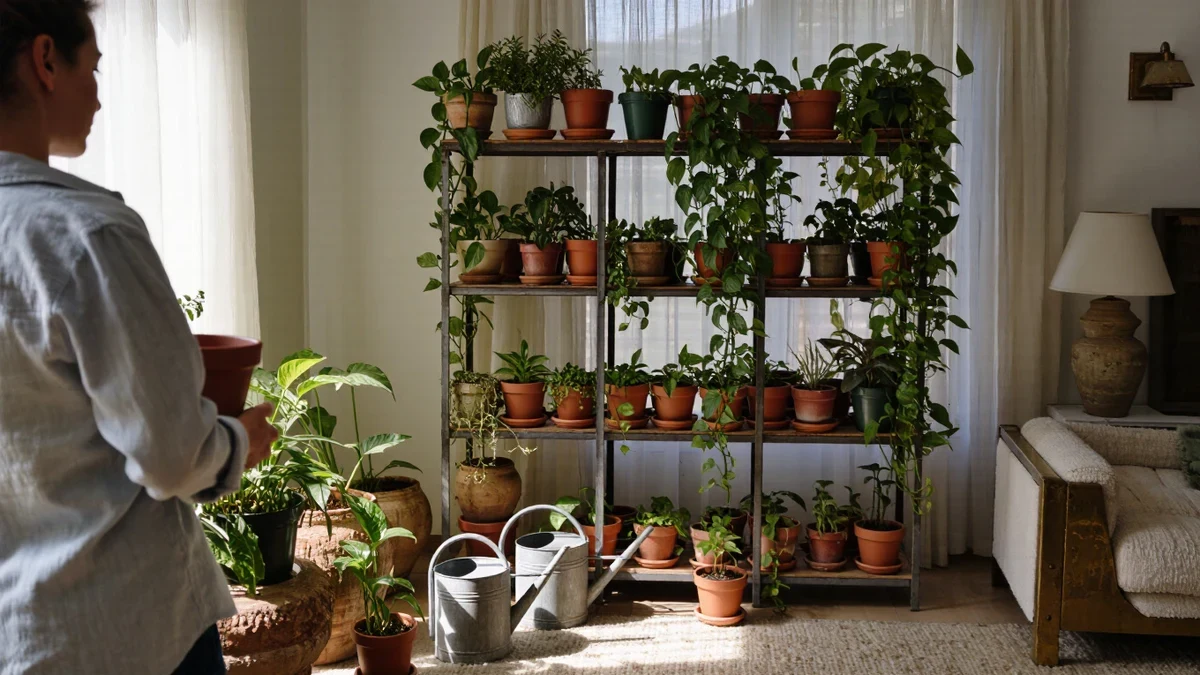 A bright shelf of trailing pothos and compact ferns above a linen sofa, someone pinching back a vine as soft window light washes the leaves.
