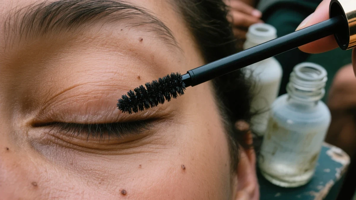 A woman applies mascara with a heated wand at a well-lit vanity, natural lashes and skin texture in soft window daylight.