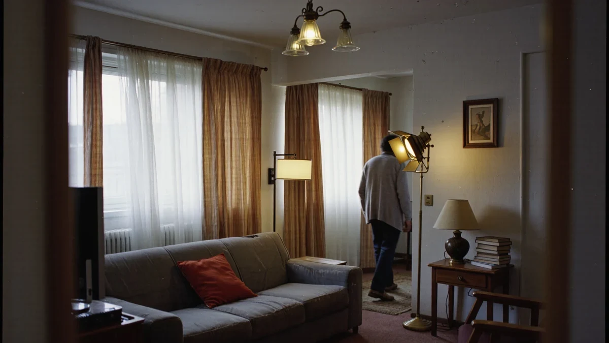 Evening in a linen-and-bouclé living room: a shaded floor lamp pools warm light on an open book while a picture light grazes the wall above.