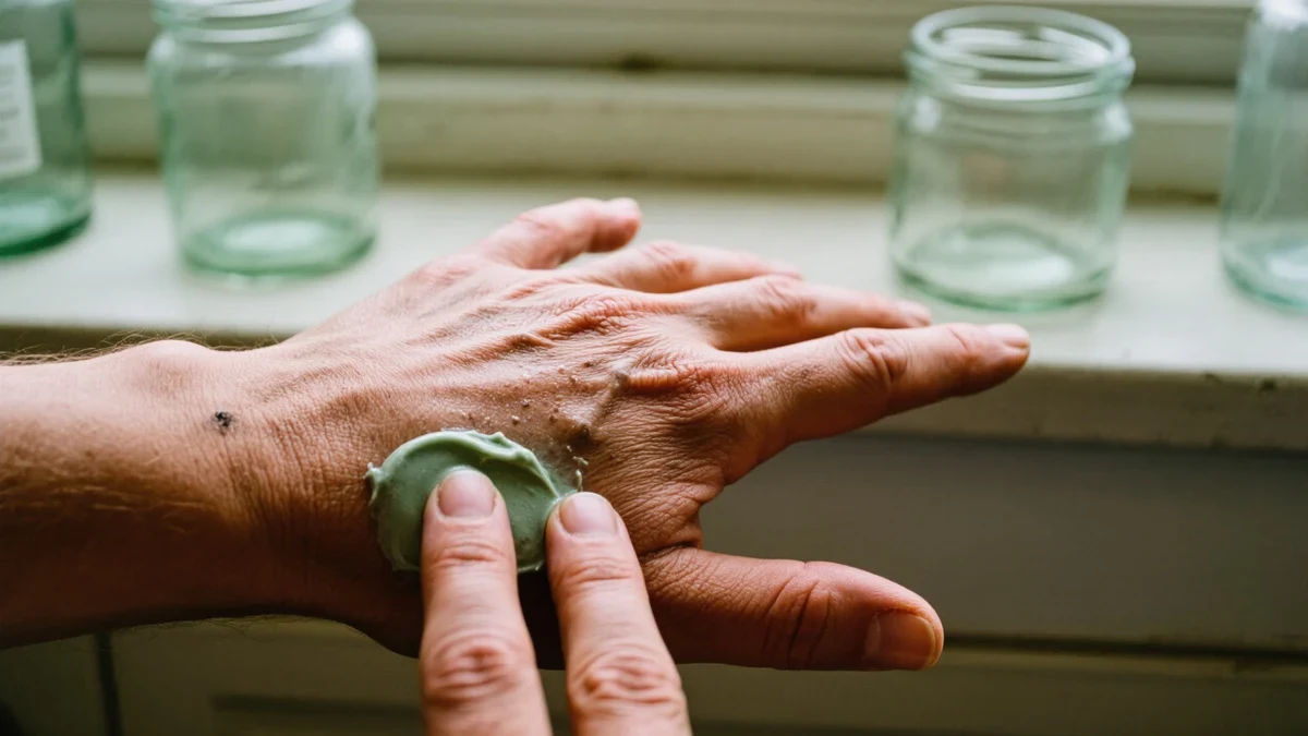A woman in her fifties massaging cream into the back of one hand by a kitchen window, soft daylight on natural skin texture.