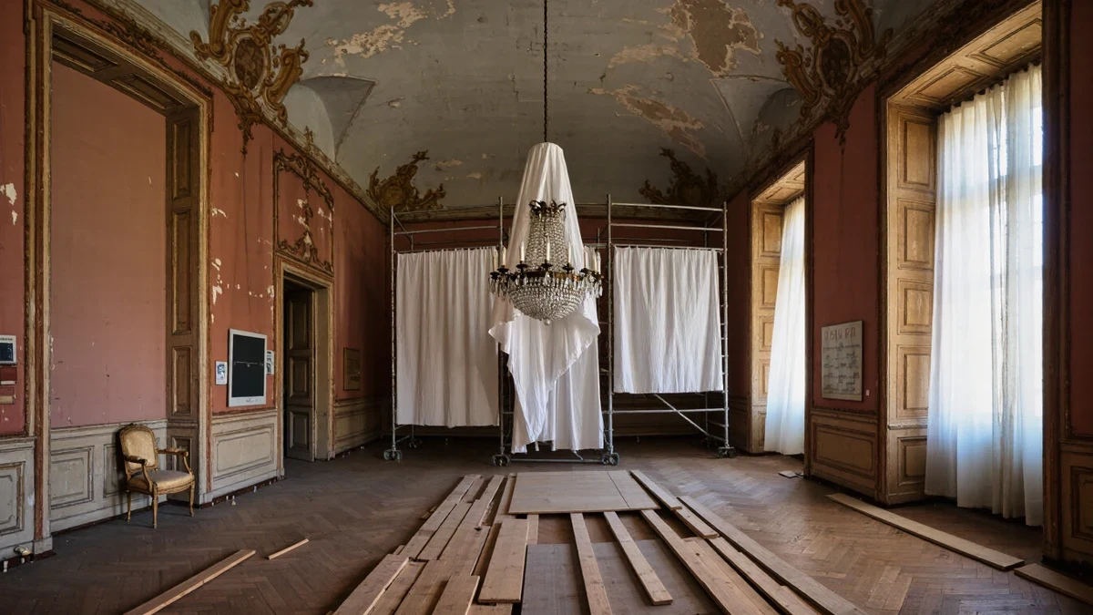A conservation studio in raking light, a monumental Renaissance tapestry on the table, a conservator's gloved hands lifting a silk edge, tools resting on linen.