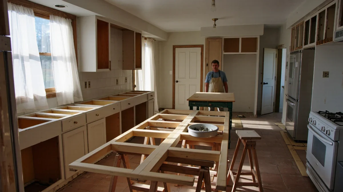 A kitchen repainted in warm off-white, doors drying on a drop cloth by the window, a woman in a linen apron labeling hinges into a jar.