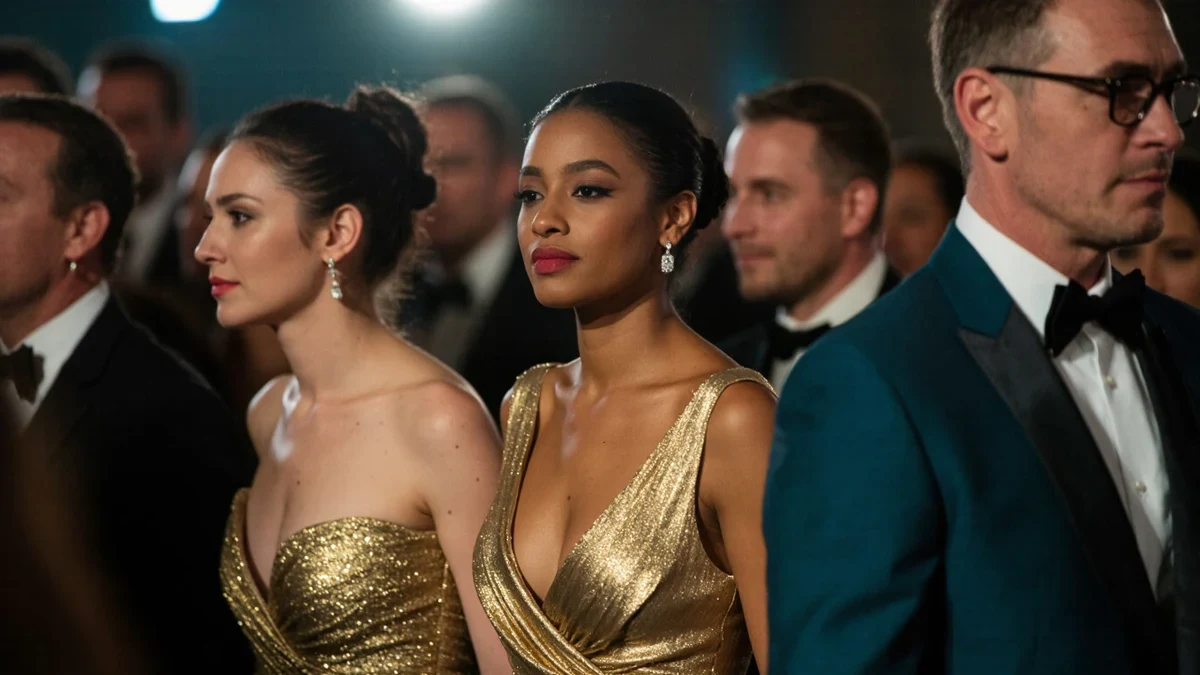 Velvet ropes and a sea of flash bulbs frame a glittering arrivals line, a sweep of gown fabric catching the golden marquee glow.