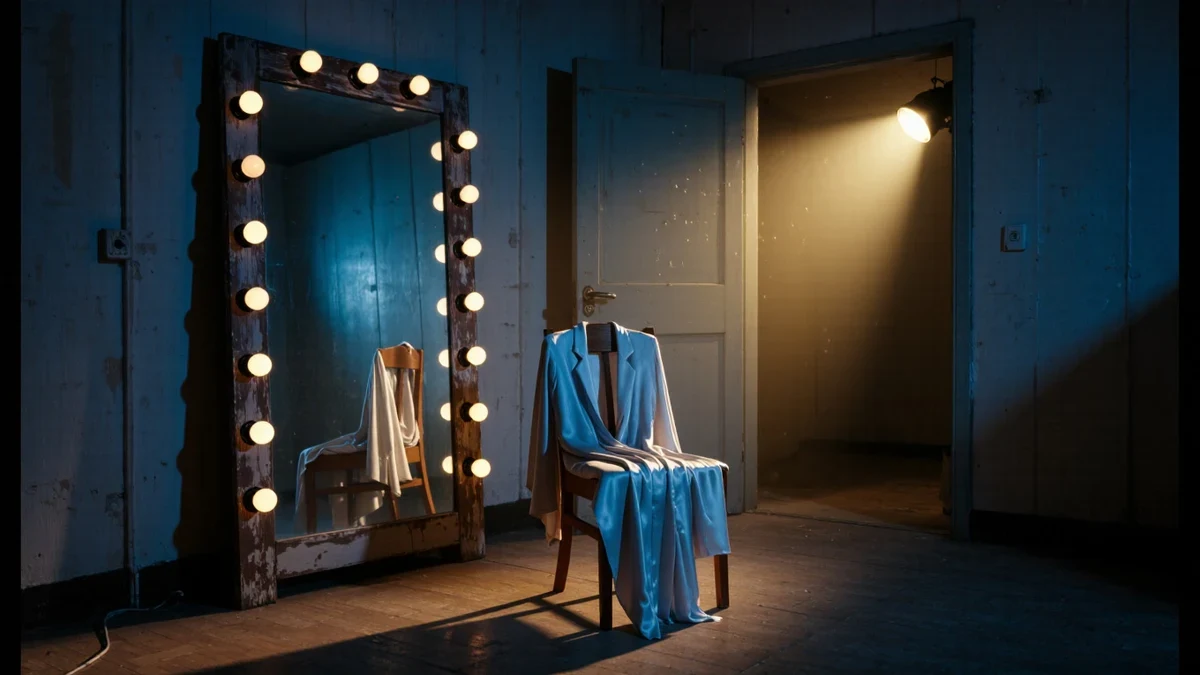 A single spotlight warms an empty dressing-room mirror as showtime approaches.