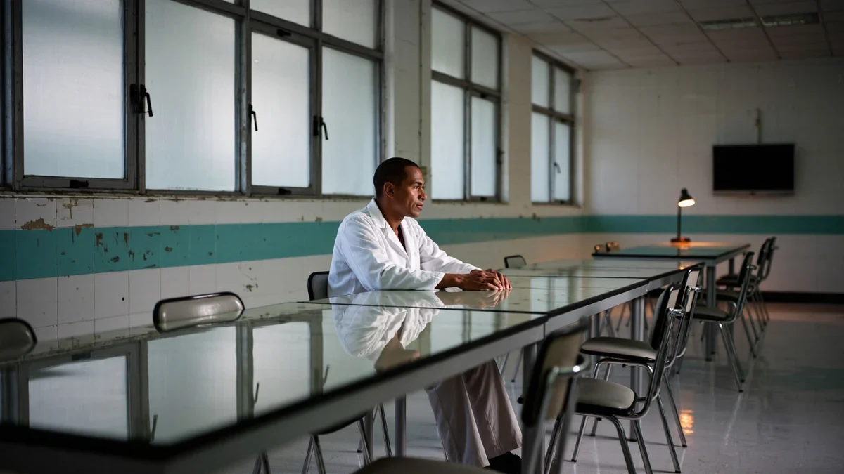A scientist adjusting a bioreactor control panel in a brushed-steel facility corridor lit in cool white and teal.