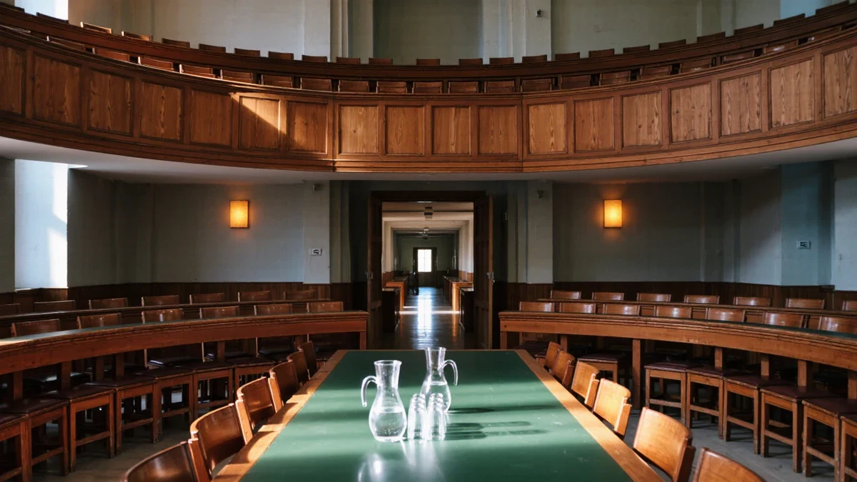 The Capitol dome in slate winter light above committee doors bearing a metal hearing-room sign.