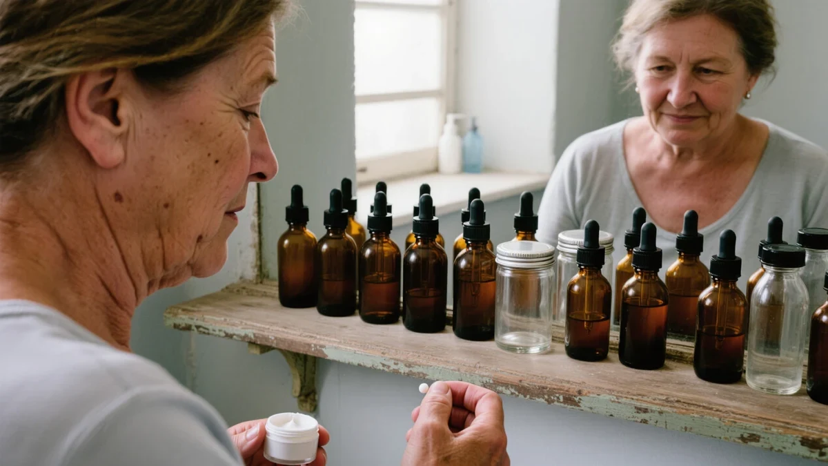 A woman in her fifties warms a pearl of cream between her fingers at a bright vanity, the amber dropper bottles on the shelf catching the morning light.
