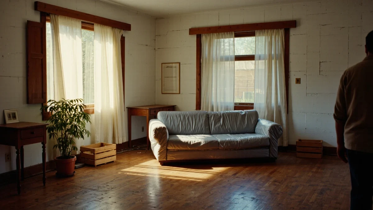 Daylight through half-drawn curtains falls on a tagged sofa in a showroom as a shopper studies the price card.