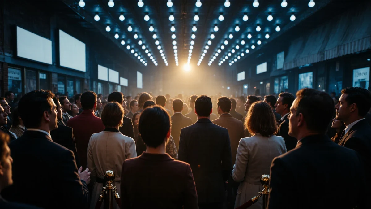 Marquee letters blaze over a velvet-roped arrivals line as flash bulbs ripple across a golden-lit crowd.