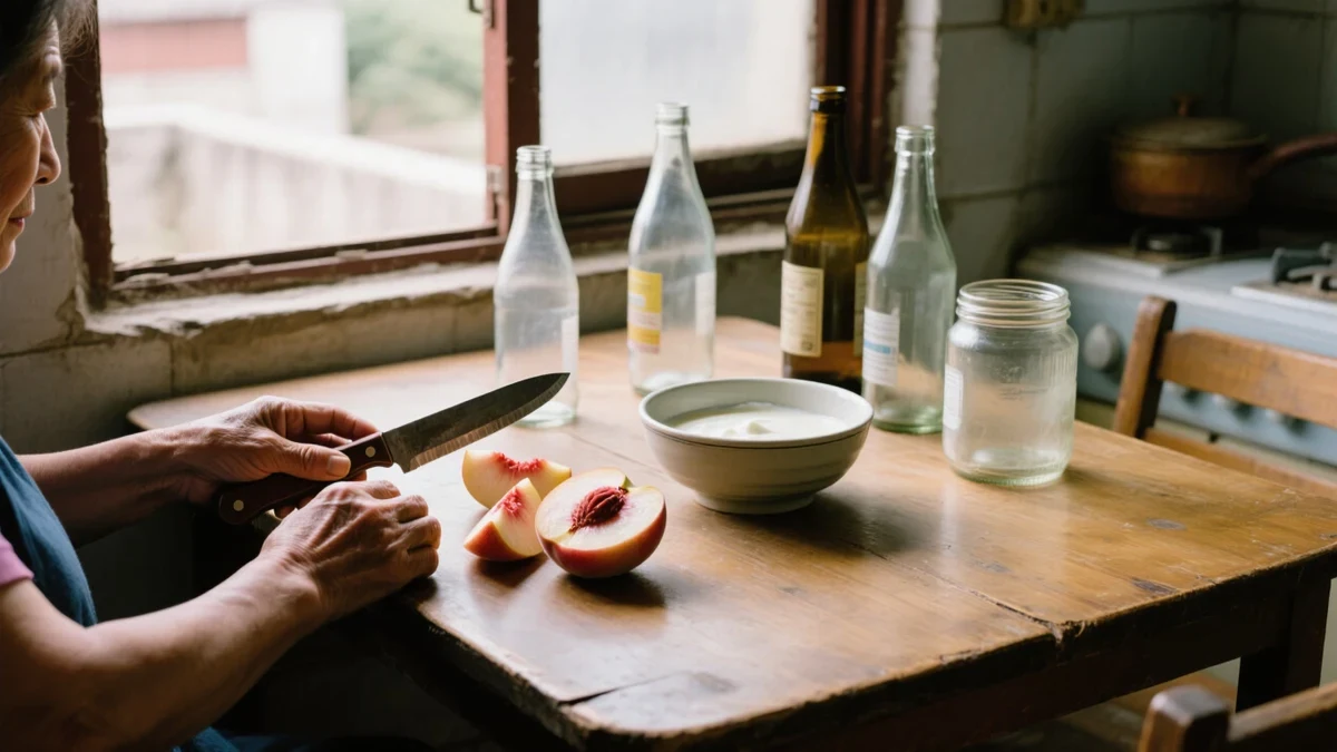 A woman in her fifties slices stone fruit at a kitchen table by a tall window, morning light across her bare skin and the cream-and-green breakfast spread.
