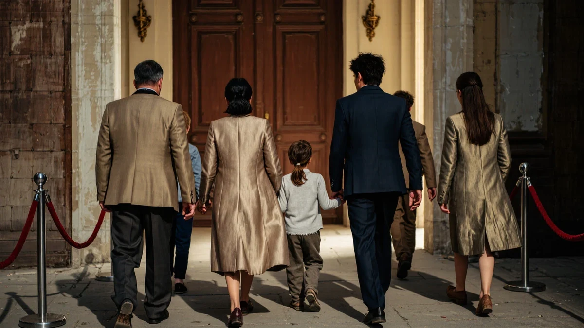 Flash bulbs pop along a velvet-roped entrance as an elegant family entourage, seen from behind, steps into golden marquee light.