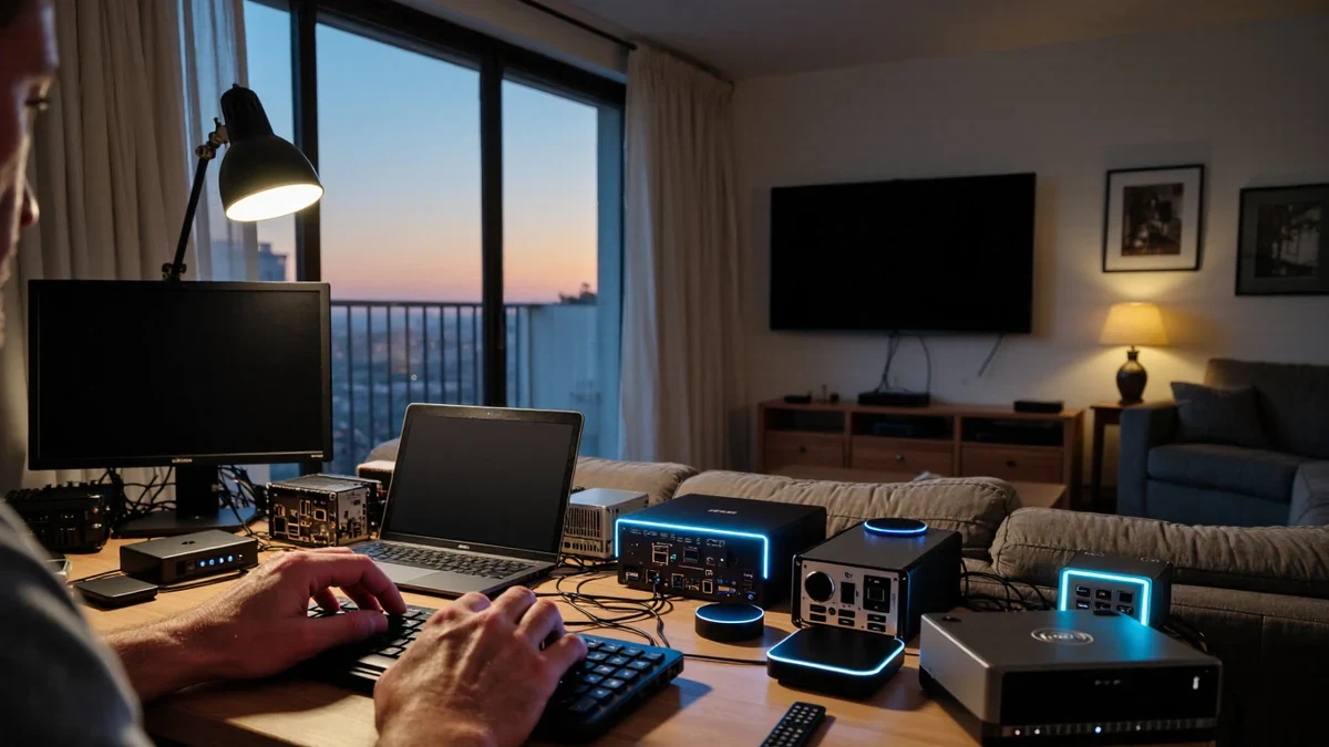 Hands holding a small streaming remote in a warm evening living-room workspace, a graphite console and one coral-pillowed couch edge behind the glowing TV.