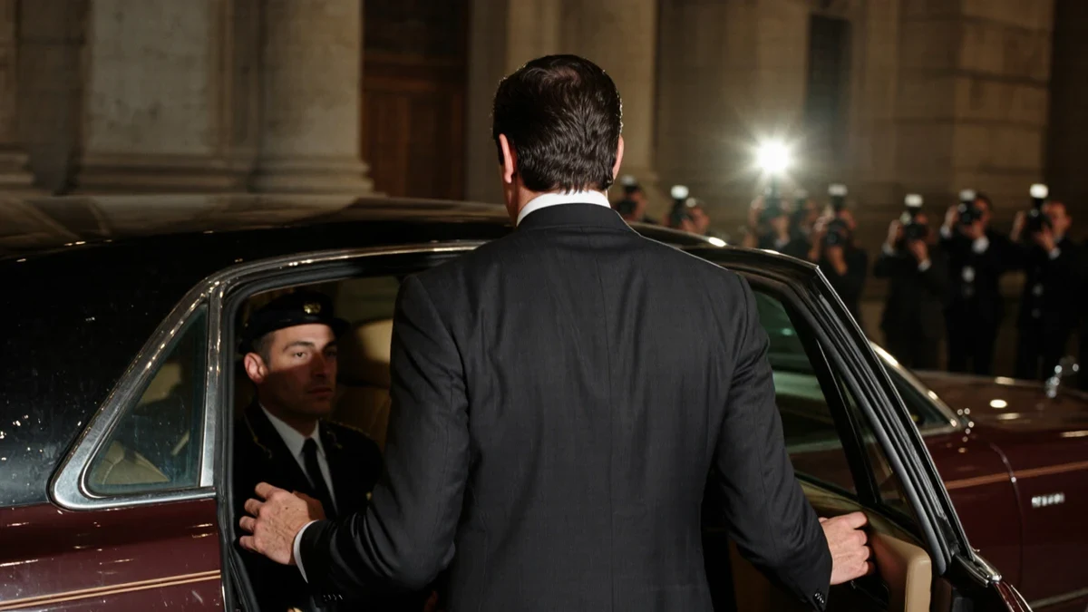 Flash bulbs bloom along a velvet rope as an honoree steps from a black car into the marquee glow of a museum gala.