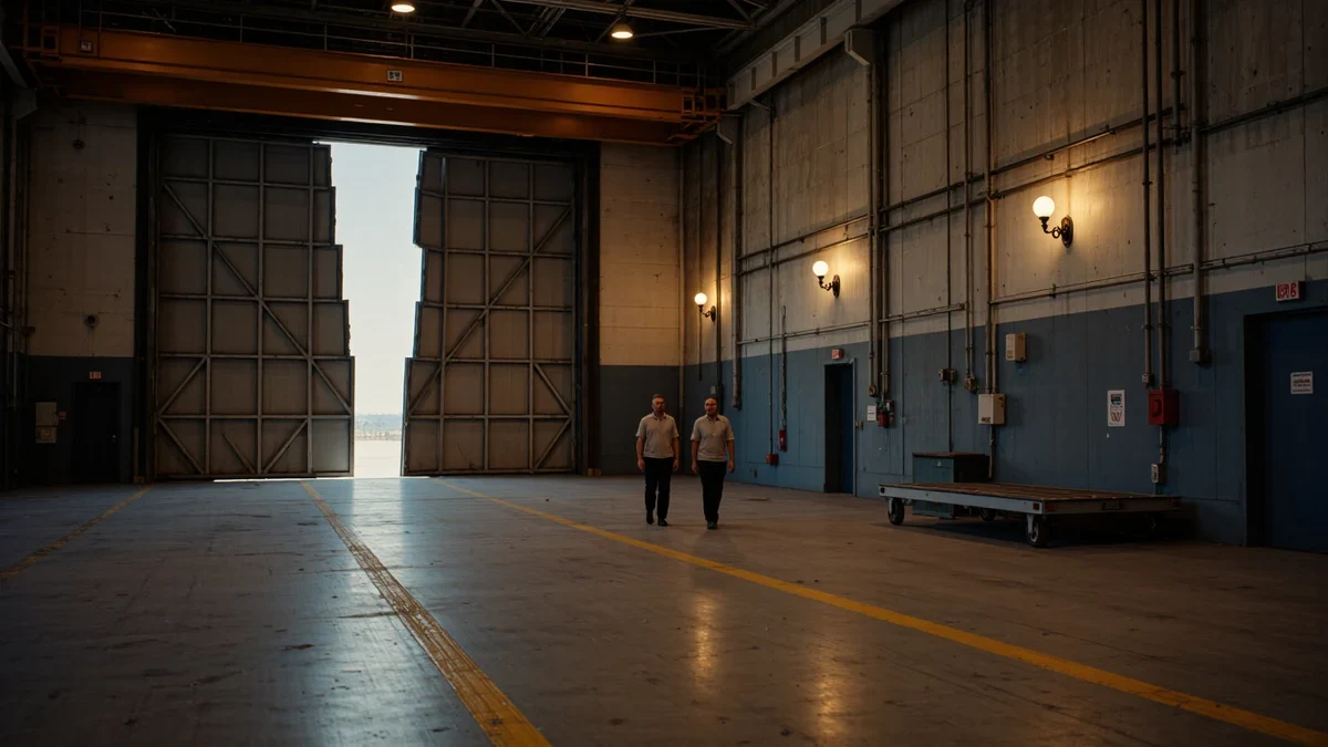 Two maintainers in coveralls walk the flight line at dawn past open hangar doors, tools silhouetted against a low gray sky.