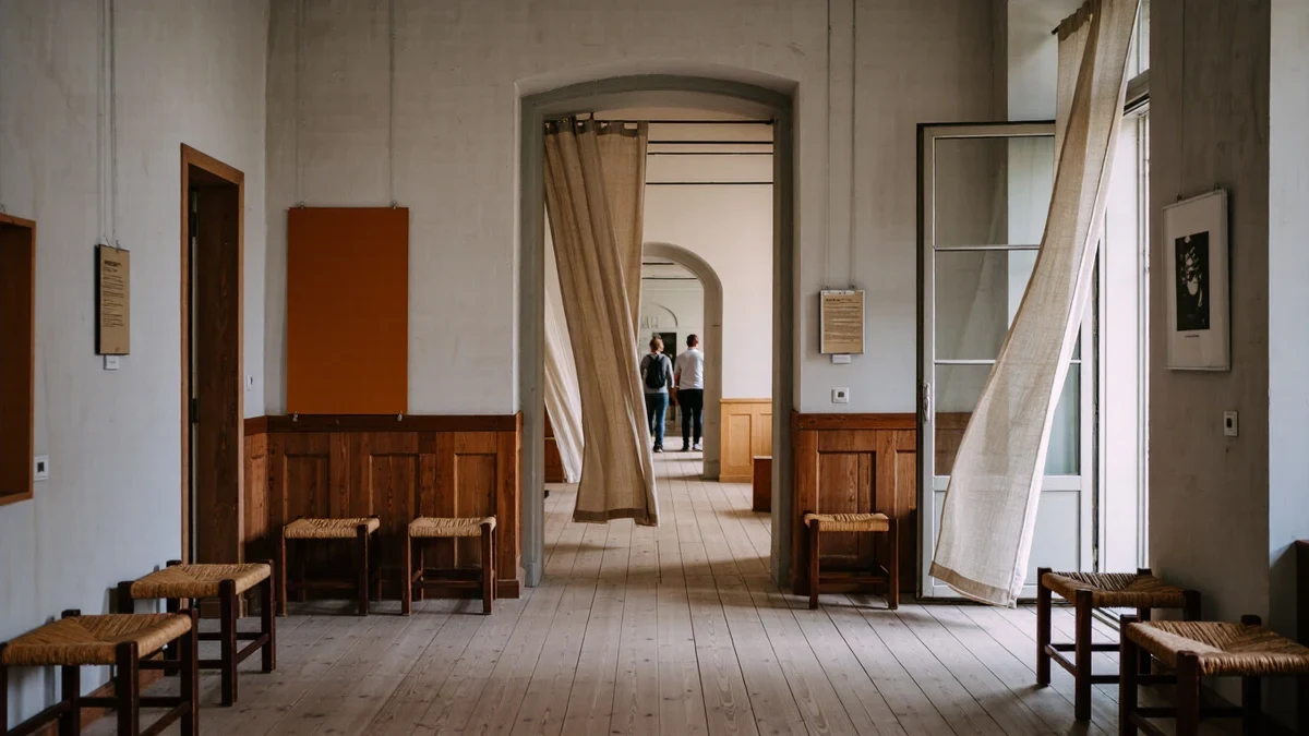 Morning light through linen curtains catches a bouclé chair and stacked ceramics as a visitor pauses at a Copenhagen showroom door.