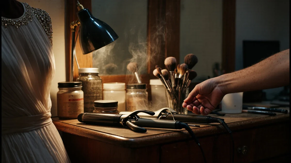 A lit vanity mirror flanked by curling irons and brushes, a gown's shoulder just out of frame.