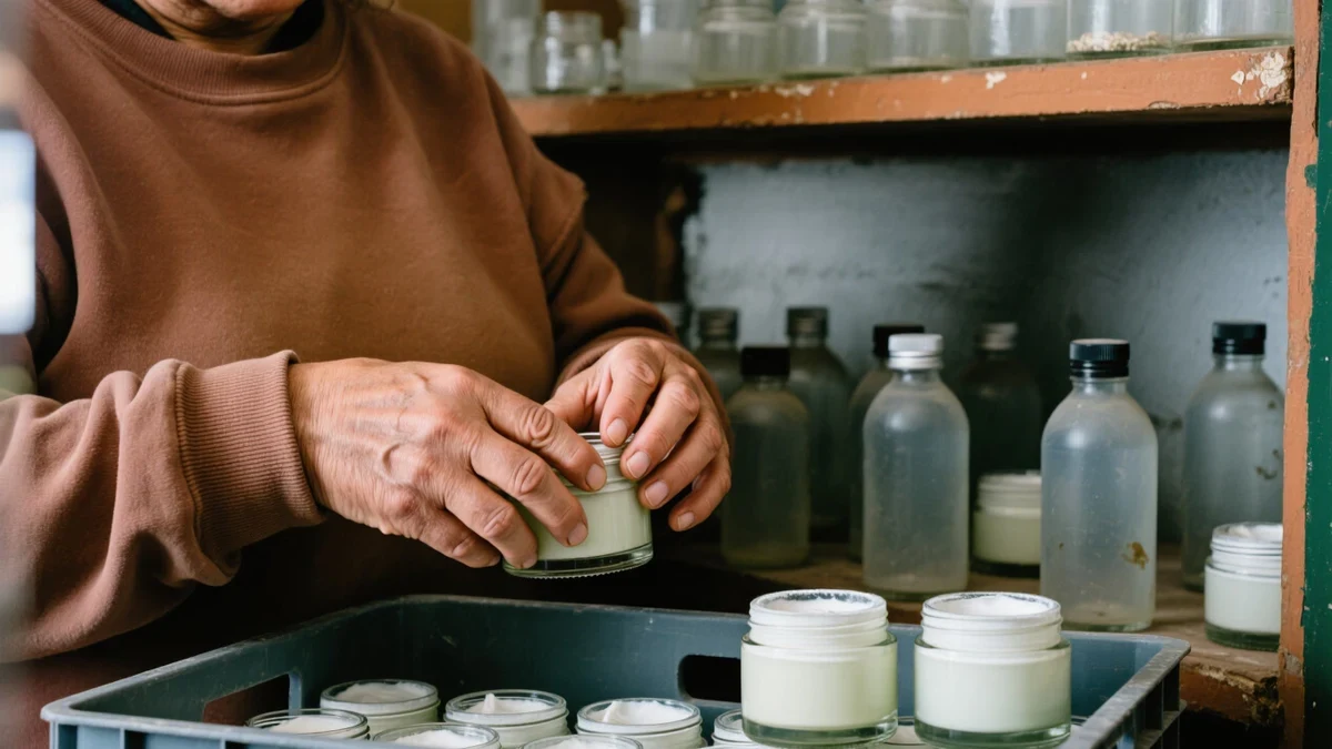 A beauty counter employee unpacks unbranded cream jars in soft morning shop light, ingredient labels turned toward the window.