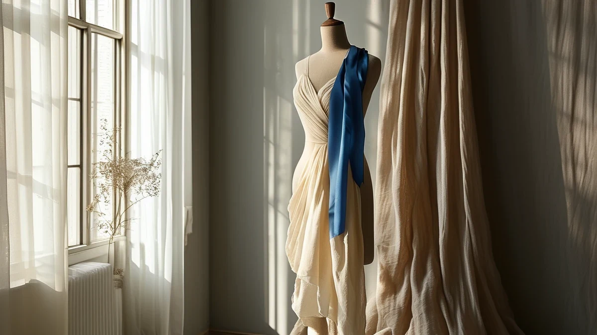 AI-generated illustration: ivory organza draped on a wooden dress form