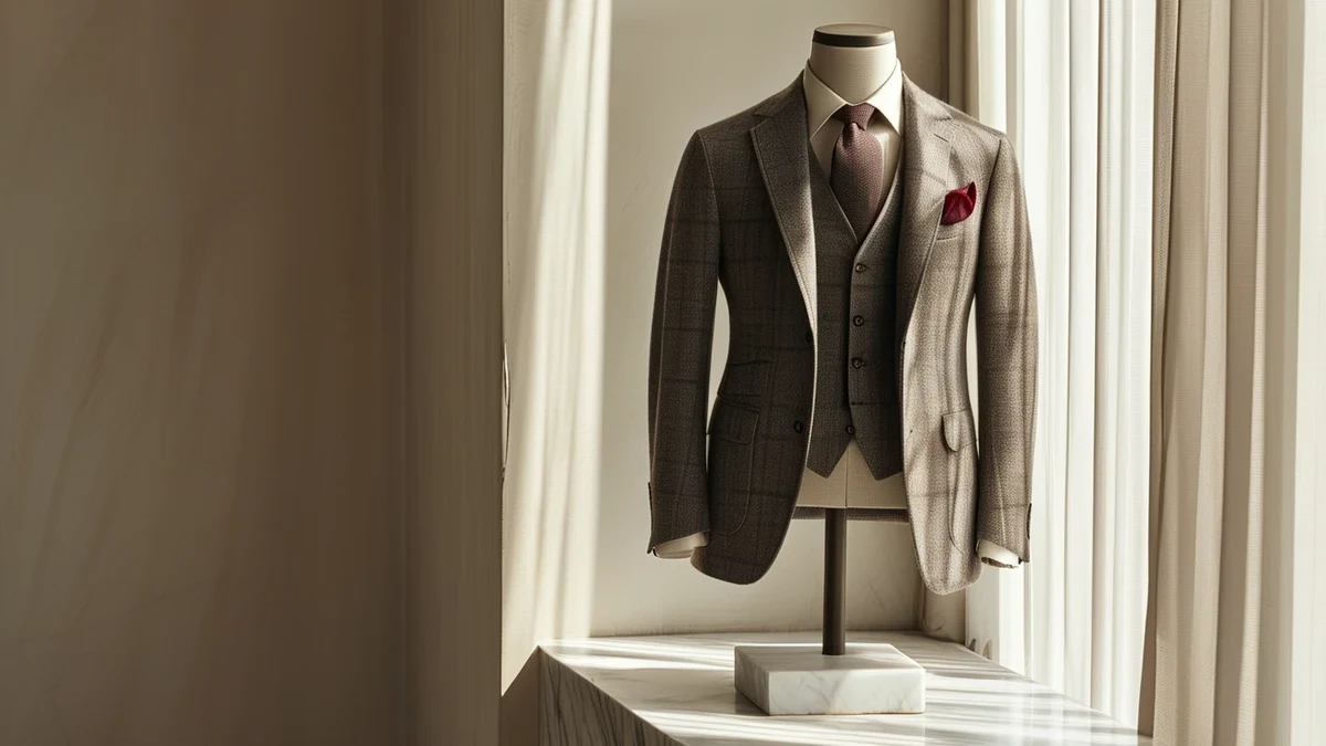 AI-generated illustration: a tailored blazer on a marble plinth in daylight
